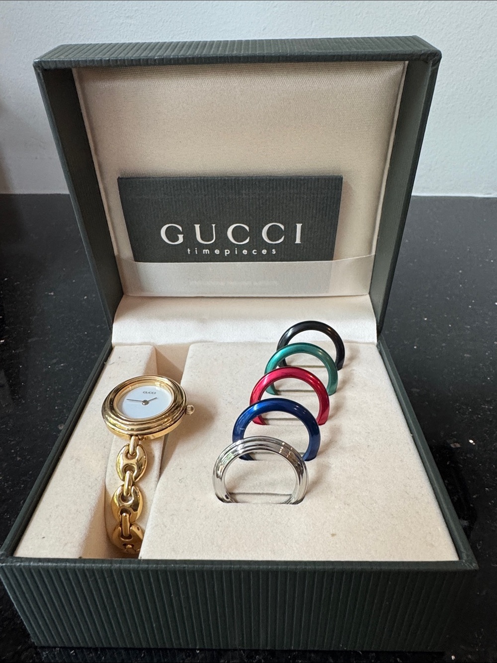Vintage Gucci Gold Plated Bracelet Watch with Interchangeable Colored Bezels